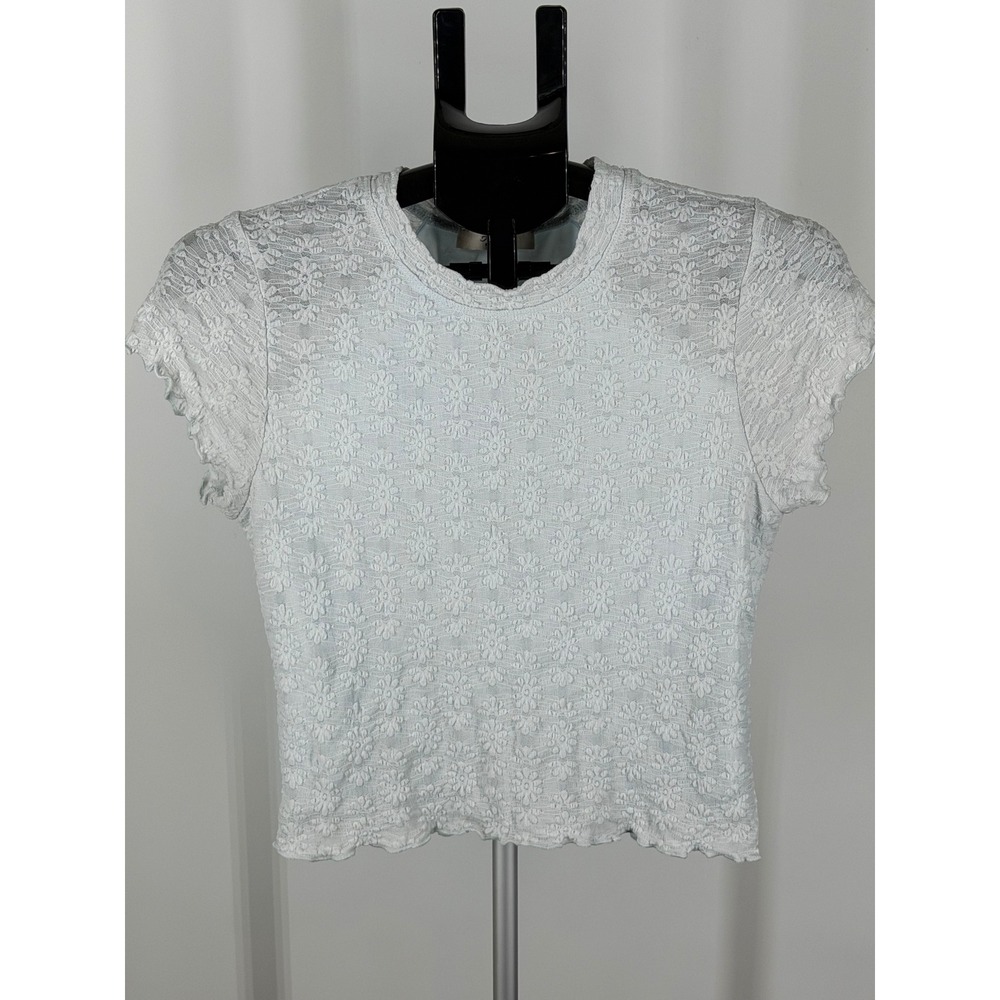 Atelier by Kirious Light Blue Floral Lace Short Sleeve Top Lettuce Trim Medium